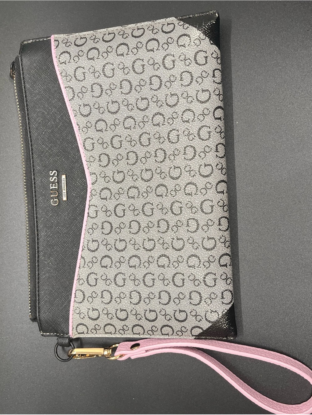 GUESS Black, Gray & Pink Logo Wristlet Clutch